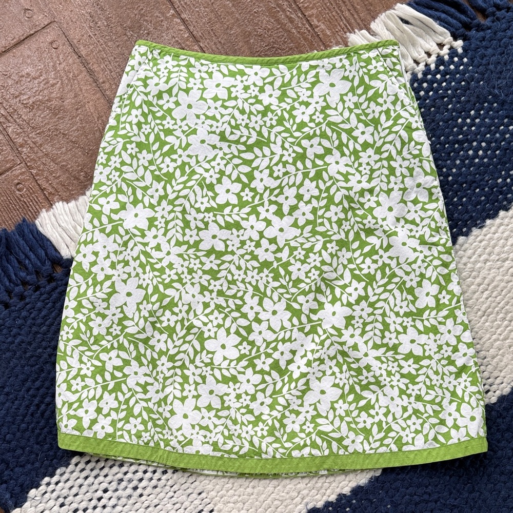 L.L. Bean Green and White Floral A-Line Skirt